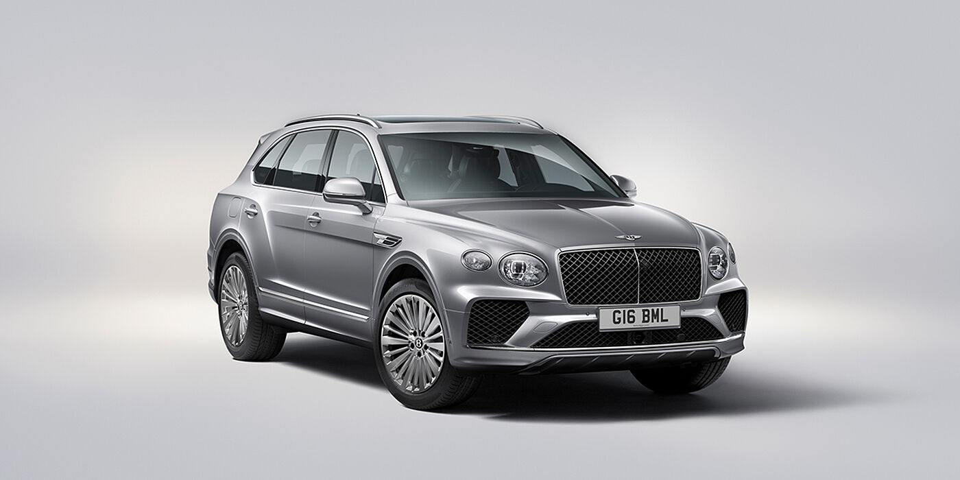 Bentley Brisbane Bentley Bentayga luxury SUV front three quarter view in Moonbeam paint with matrix grille and 21″ 5 spoke painted wheels