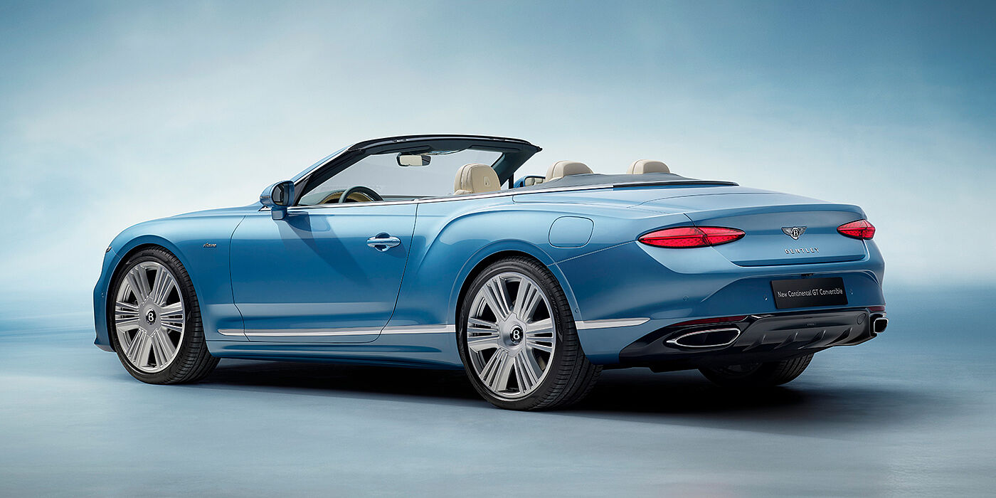 Bentley Brisbane New Bentley Continental GTC Azure convertible rear view in Light Windsor blue paint with 22 inch ten spoke wheels and chrome exterior details