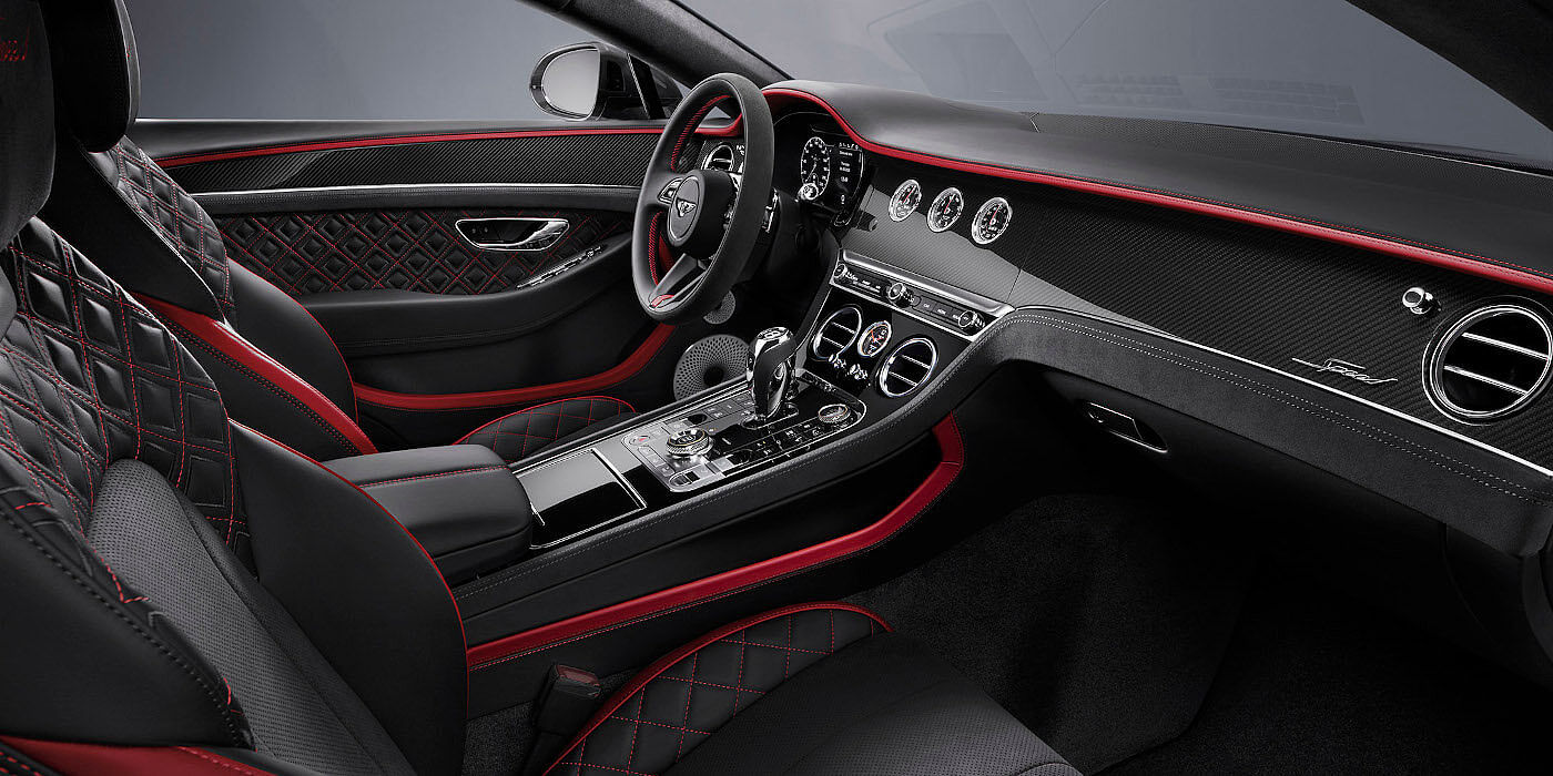 Bentley Brisbane Bentley Continental GT Speed coupe front interior in Beluga black and Hotspur red hide