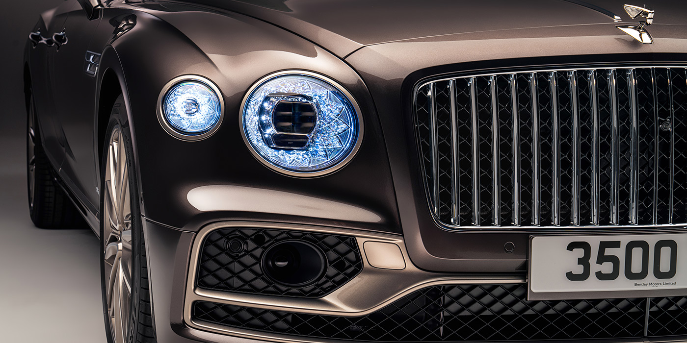 Bentley Brisbane Bentley Flying Spur Odyssean sedan front grille and illuminated led lamps with Brodgar brown paint