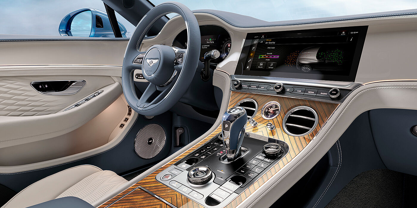Bentley Brisbane New Bentley Continental GTC Azure convertible interior front cabin view with Linen and Brunel hides and Piano Linen by Mulliner veneer featuring centre console and centre MMI screen