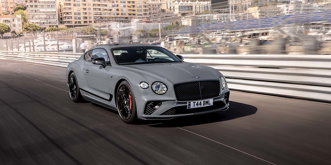 Bentley Brisbane Bentley Continental GT S coupe in Cambrian Grey paint front 34 dynamic driving on track