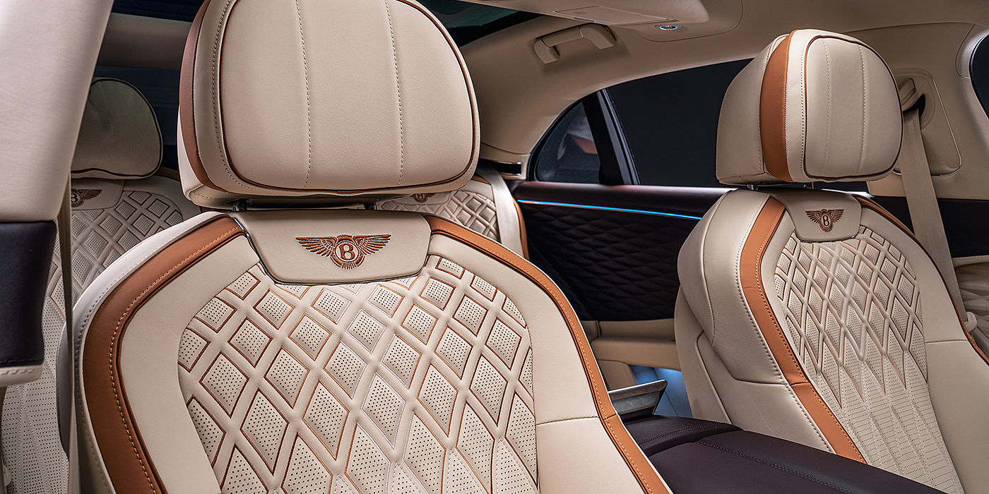 Bentley Brisbane Bentley Flying Spur Odyssean sedan rear seat detail with Diamond quilting and Linen and Burnt Oak hides