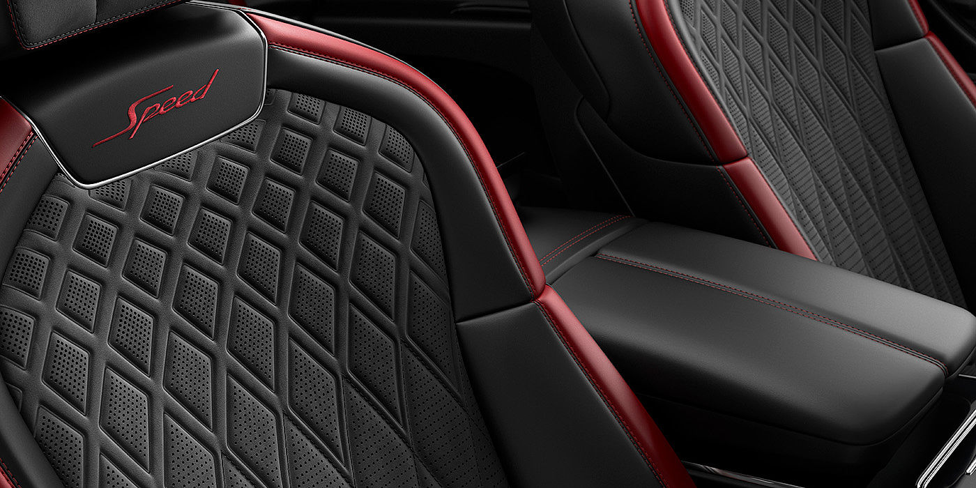 Bentley Brisbane Bentley Flying Spur Speed sedan seat stitching detail in Beluga black and Cricket Ball red hide