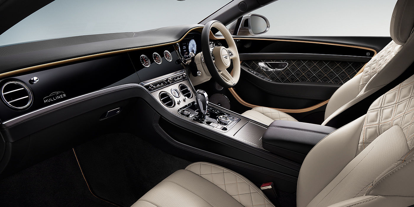 Bentley Brisbane Bentley Continental GT Mulliner coupe front interior in Beluga black and Linen hide