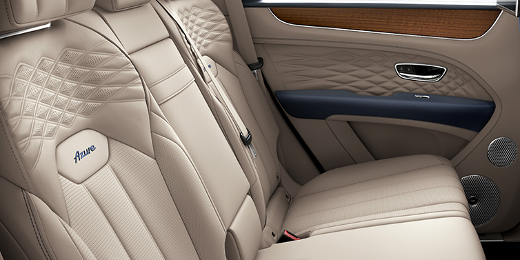 Bentley Brisbane Bentley Bentayga Azure SUV rear interior in Portland and Imperial Blue hides and seat stitching featuring Azure seat emblem