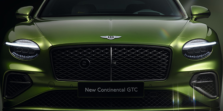 Bentley Brisbane Bentley Continental GTC Speed convertible front bonnet detail in Tourmaline Green paint showing new light design