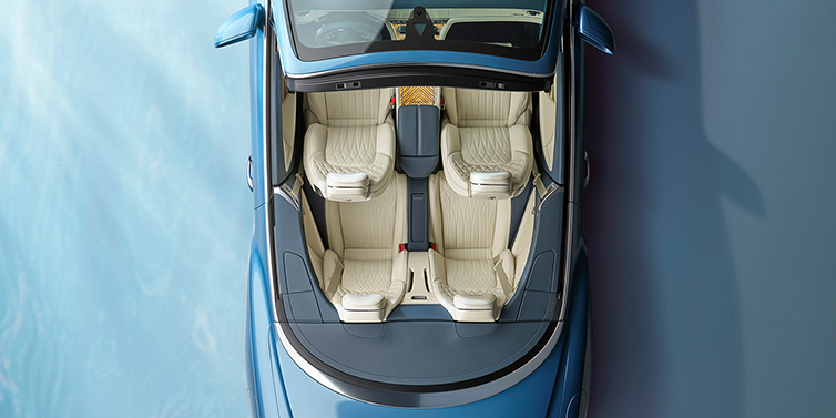 Bentley Brisbane New Bentley Continental GTC Azure convertible in Light Windsor blue paint overhead view of cabin with stitched Linen and Brunel hides