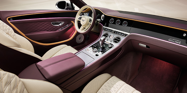 Bentley Brisbane Bentley Continental GTC Mulliner convertible front interior including Linen and Damson purple hides and Grand Black veneer