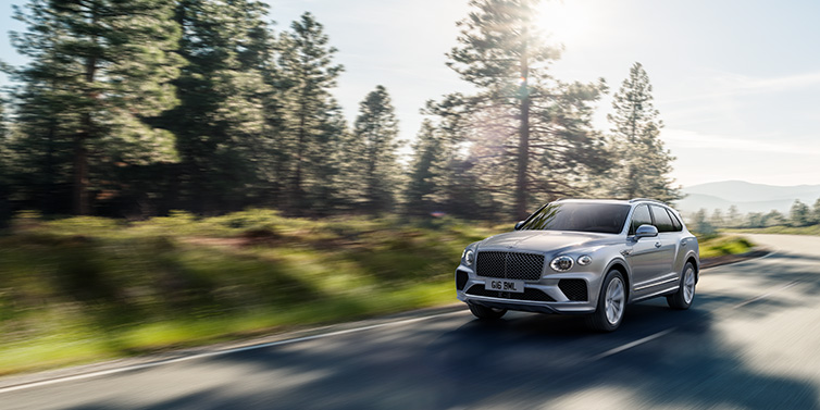 Bentley Brisbane Bentley Bentayga SUV front three quarter in Moonbeam silver paint driving dynamically along a tree-lined road