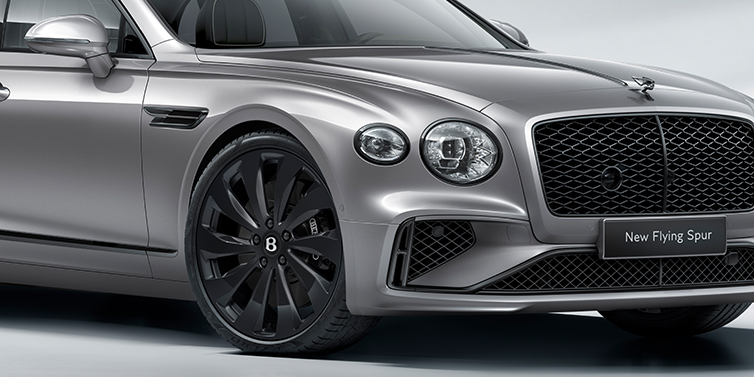 Bentley Brisbane New Bentley Flying Spur sedan front bonnet in Silverlake paint with Black Specification with black ten spoke wheel, black matrix grille and black exterior details