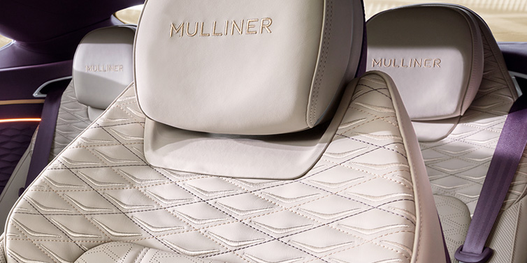 Bentley Brisbane Bentley Continental GT Mulliner coupe seat detail in Linen leather with Mulliner Diamond in Diamond quilting and Mulliner embroidered seat emblem