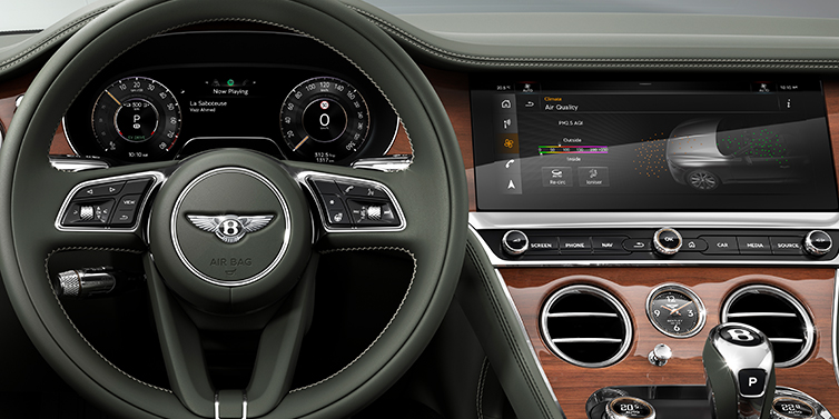 Bentley Brisbane New Bentley Continental GTC convertible front interior steering wheel view, with Beluga black leather and Crown Cut walnut veneer
